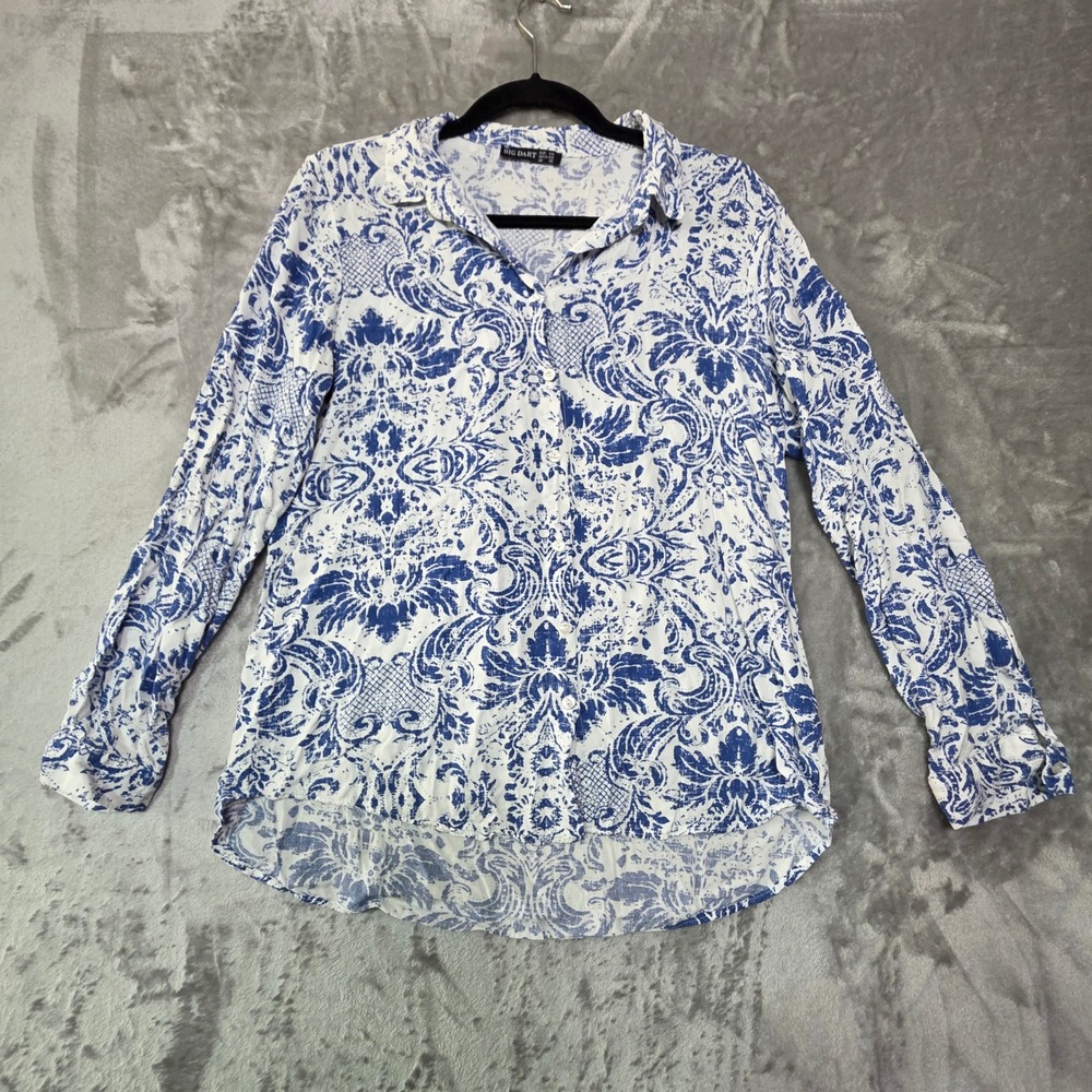 Big Dart Women Blue White Damask Paisley Viscose Button Down Blouse Large L
